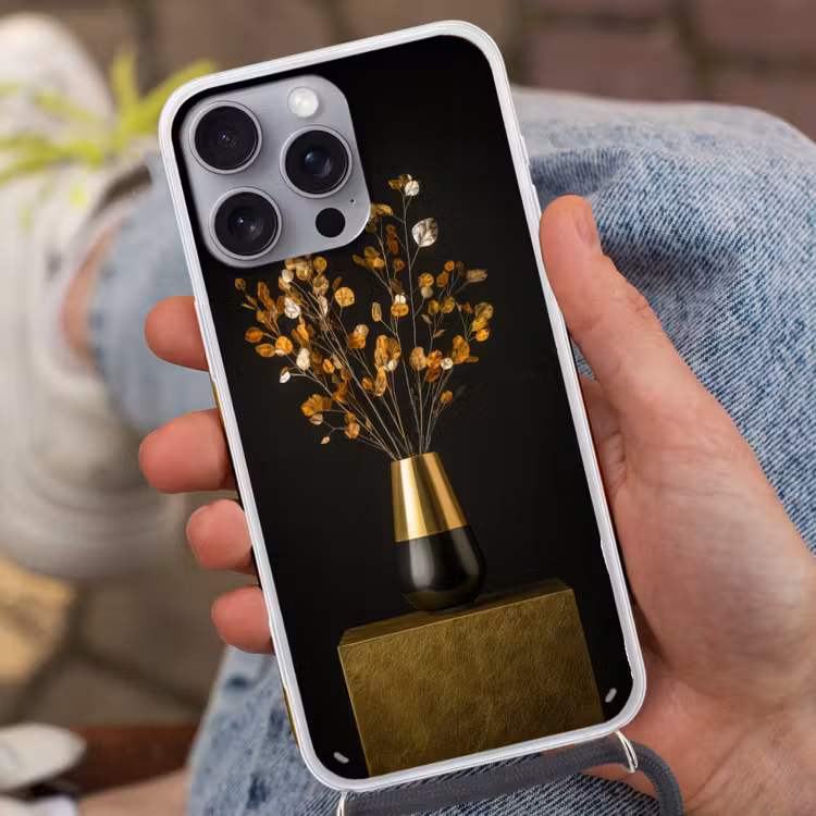 Goudbruine - Bladeren - Vaas - Herfstachtig Hoesje iPhone 16 Pro Max met koord klein -sfeer3