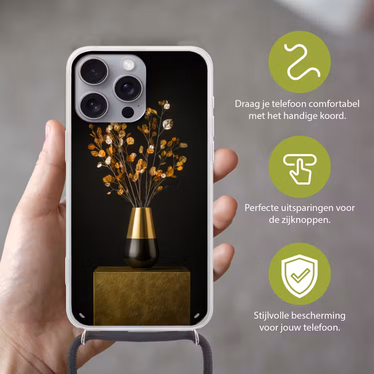 Goudbruine - Bladeren - Vaas - Herfstachtig Hoesje iPhone 16 Pro Max met koord klein -sfeer2_NL