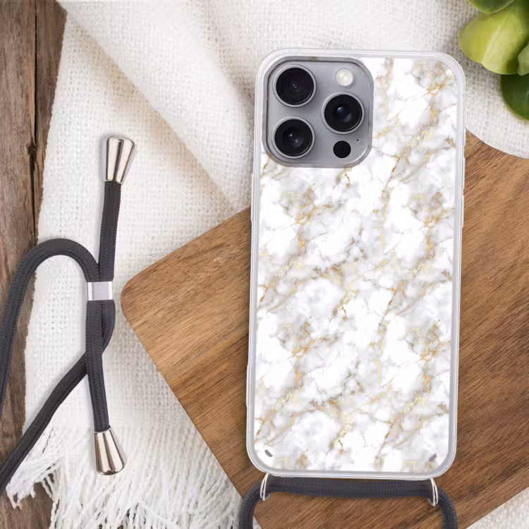 Gouden aders - Marmer - Wit Hoesje iPhone 16 Pro Max met koord klein 804 -sfeer4