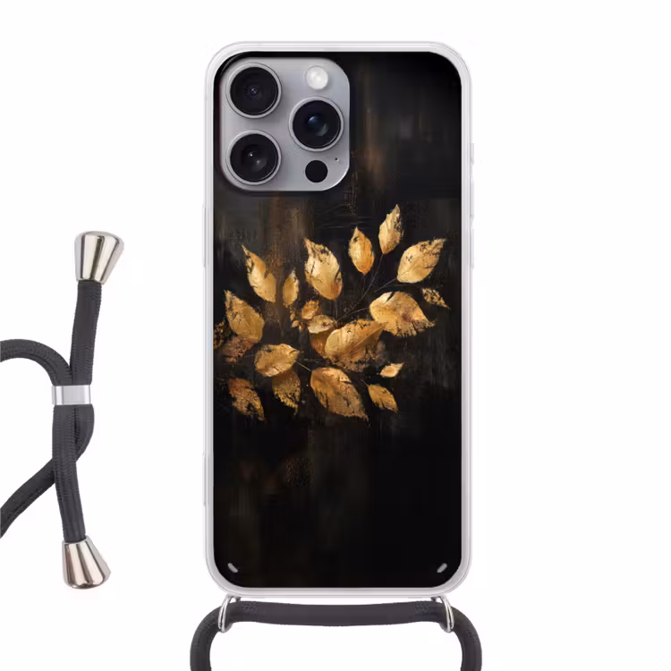 Gouden Bladeren op Donkere Achtergrond Hoesje iPhone 16 Pro Max met koord klein -3d