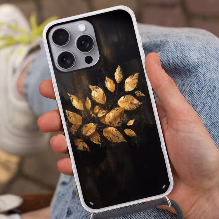 Gouden Bladeren op Donkere Achtergrond Hoesje iPhone 16 Pro Max met koord klein -sfeer3