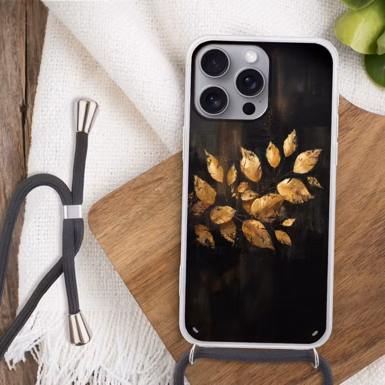 Gouden Bladeren op Donkere Achtergrond Hoesje iPhone 16 Pro Max met koord klein -sfeer4