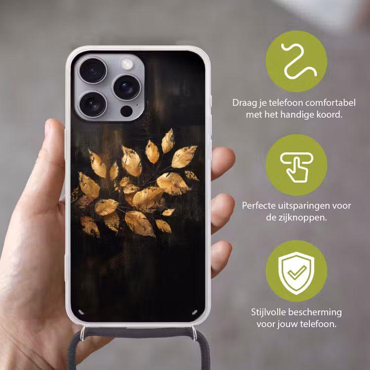 Gouden Bladeren op Donkere Achtergrond Hoesje iPhone 16 Pro Max met koord klein -sfeer2_NL