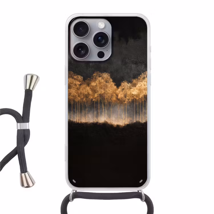Gouden Bomen in Mistig Landschap Hoesje iPhone 16 Pro Max met koord klein -3d