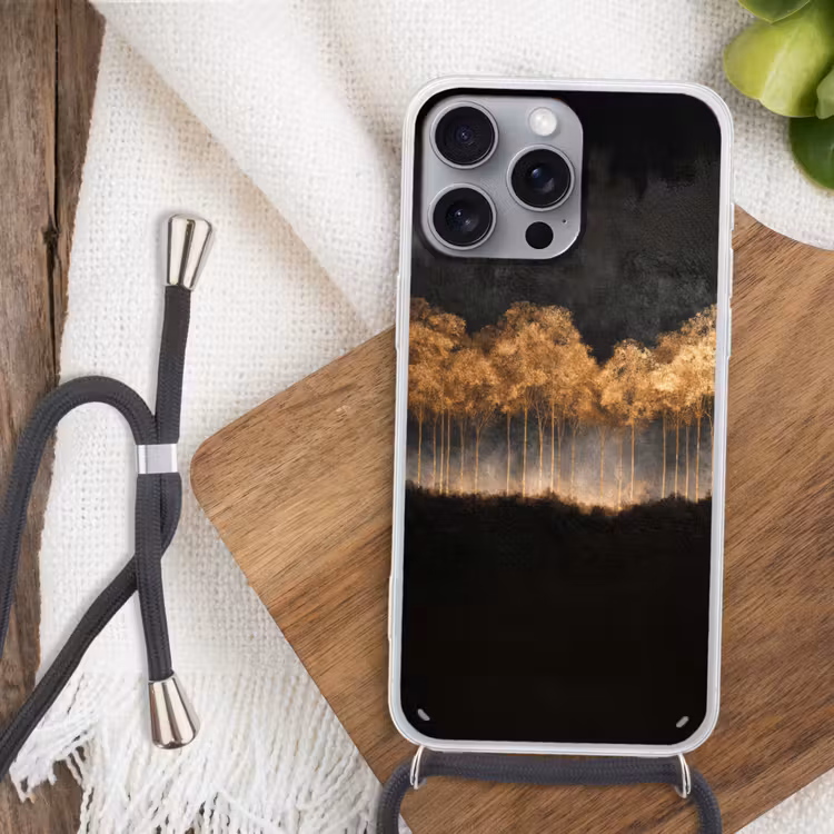 Gouden Bomen in Mistig Landschap Hoesje iPhone 16 Pro Max met koord klein -sfeer4
