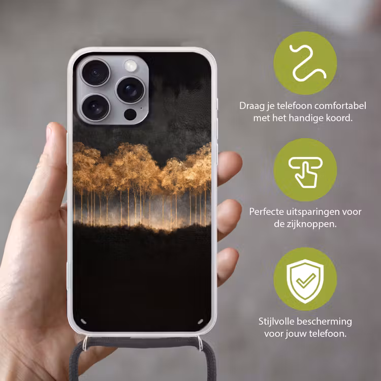 Gouden Bomen in Mistig Landschap Hoesje iPhone 16 Pro Max met koord klein -sfeer2_NL