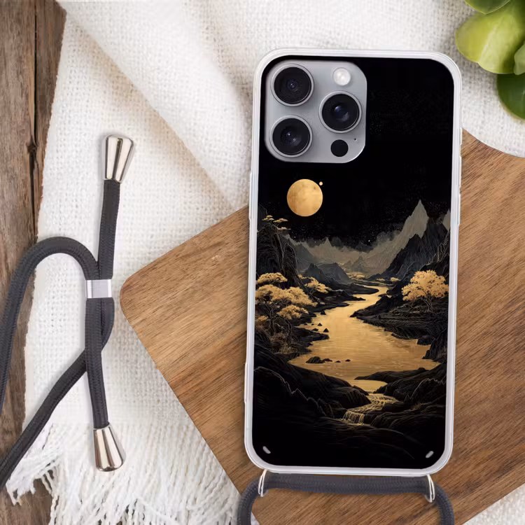 Gouden rivier - Bergen - Maan - Sterrenhemel Hoesje iPhone 16 Pro Max met koord klein -sfeer4