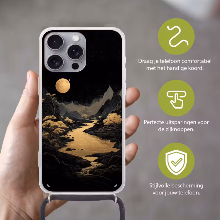Gouden rivier - Bergen - Maan - Sterrenhemel Hoesje iPhone 16 Pro Max met koord klein -sfeer2_NL