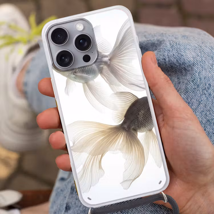 Goudvissen - Modern - Wit Hoesje iPhone 16 Pro Max met koord klein -sfeer3