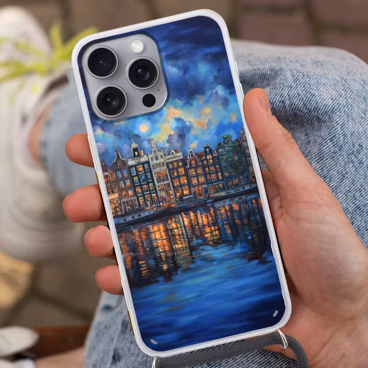 Grachten Amsterdam - Huizen - Stad - Kleurrijk Hoesje iPhone 16 Pro Max met koord klein -sfeer3