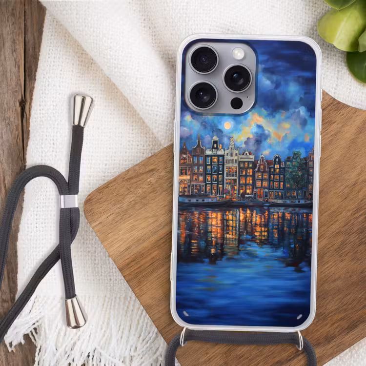 Grachten Amsterdam - Huizen - Stad - Kleurrijk Hoesje iPhone 16 Pro Max met koord klein -sfeer4