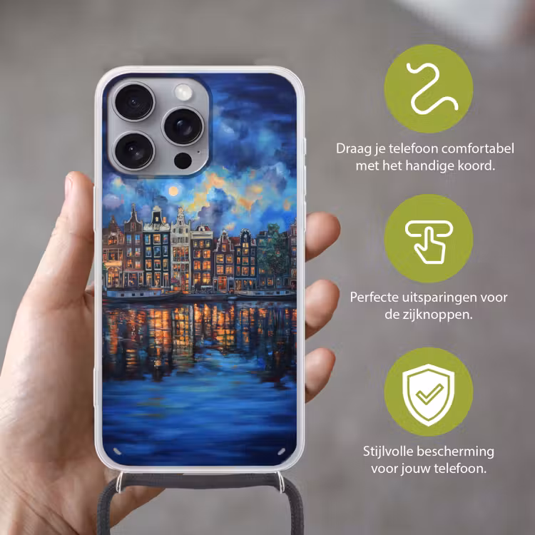 Grachten Amsterdam - Huizen - Stad - Kleurrijk Hoesje iPhone 16 Pro Max met koord klein -sfeer2_NL