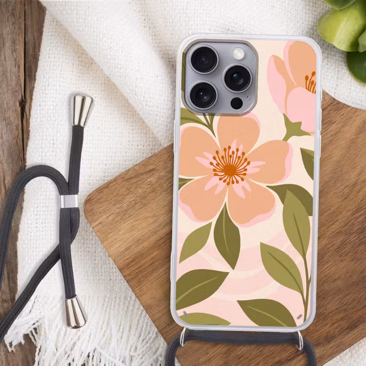 Grafisch - Bloemen - Roze Hoesje iPhone 16 Pro Max met koord klein -sfeer4
