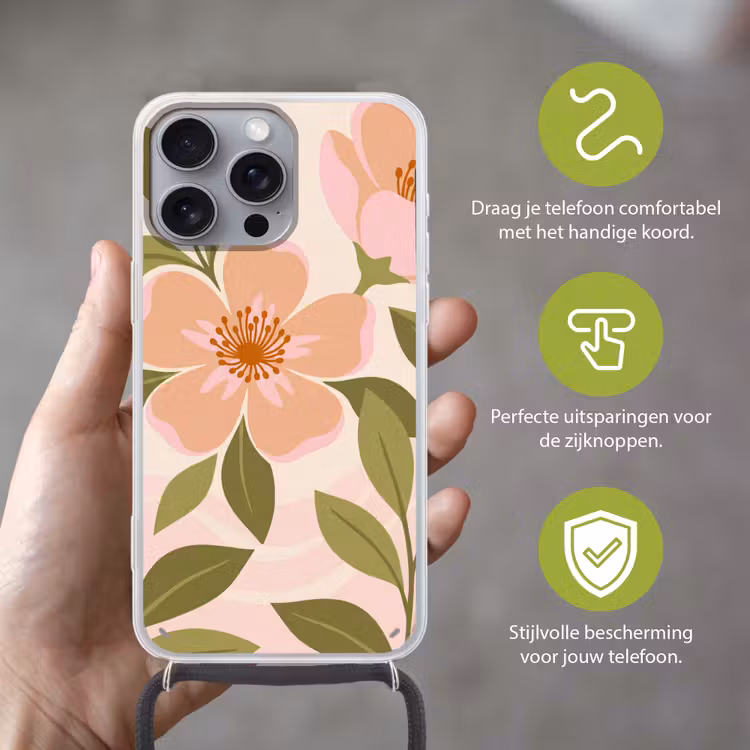 Grafisch - Bloemen - Roze Hoesje iPhone 16 Pro Max met koord klein -sfeer2_NL