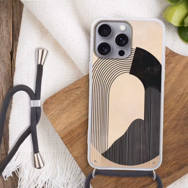 Grafisch gebogen motief - Beige Hoesje iPhone 16 Pro Max met koord klein -sfeer4