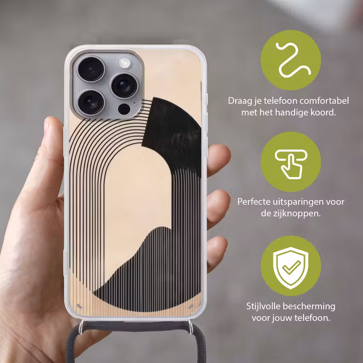 Grafisch gebogen motief - Beige Hoesje iPhone 16 Pro Max met koord klein -sfeer2_NL