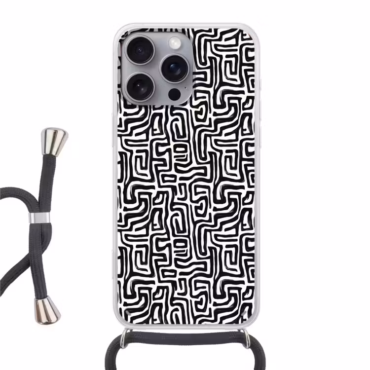 Grafisch - Lijnen - Zwart - Wit Hoesje iPhone 16 Pro Max met koord klein 804 -3d