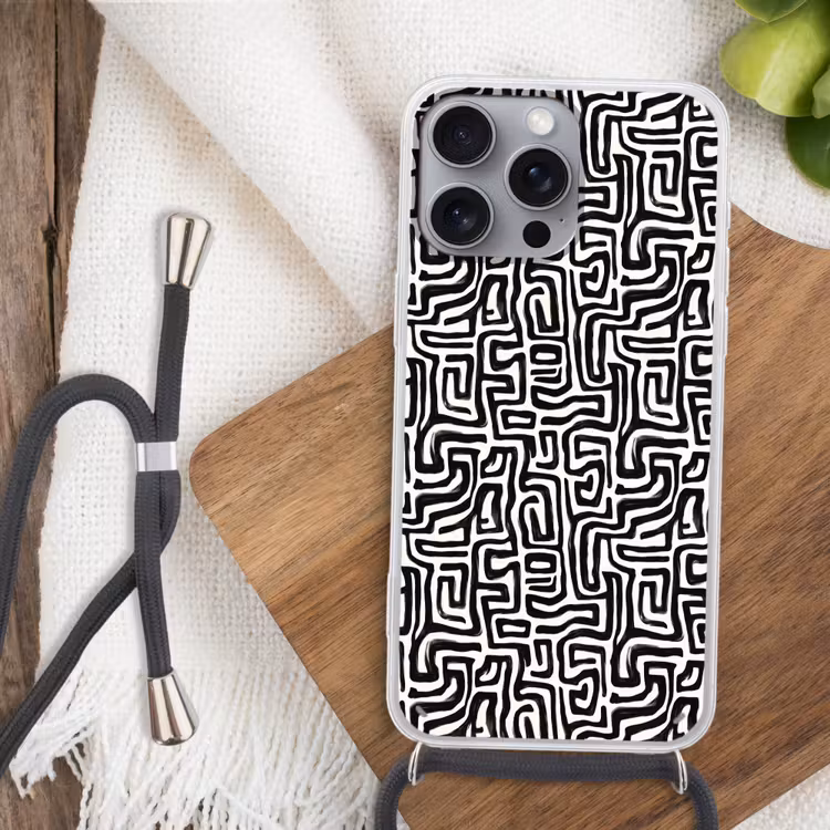 Grafisch - Lijnen - Zwart - Wit Hoesje iPhone 16 Pro Max met koord klein 804 -sfeer4