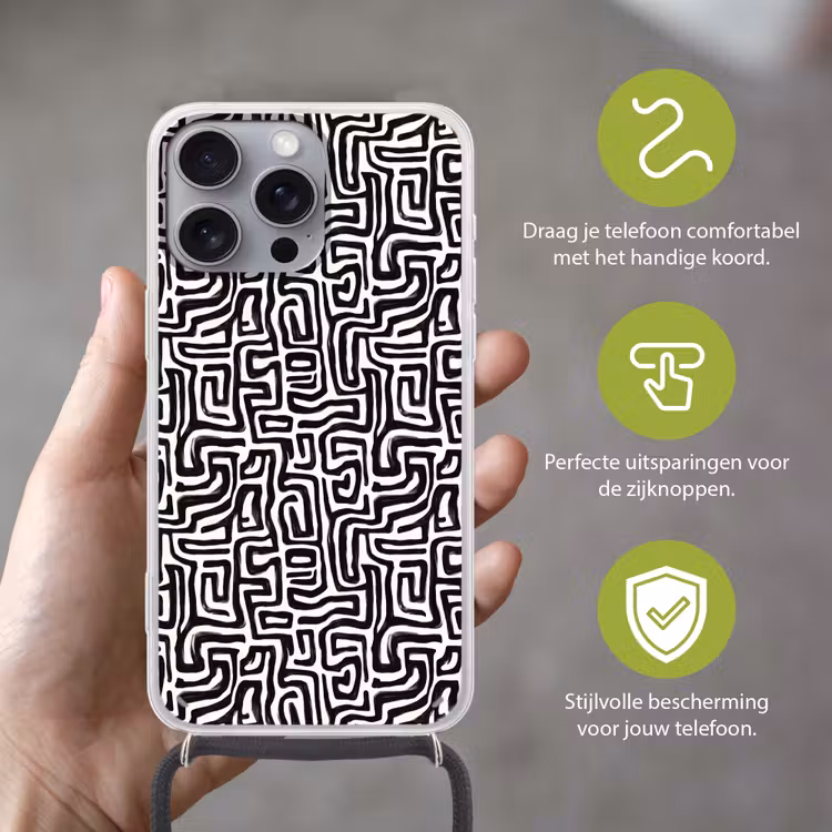 Grafisch - Lijnen - Zwart - Wit Hoesje iPhone 16 Pro Max met koord klein 804 -sfeer2_NL