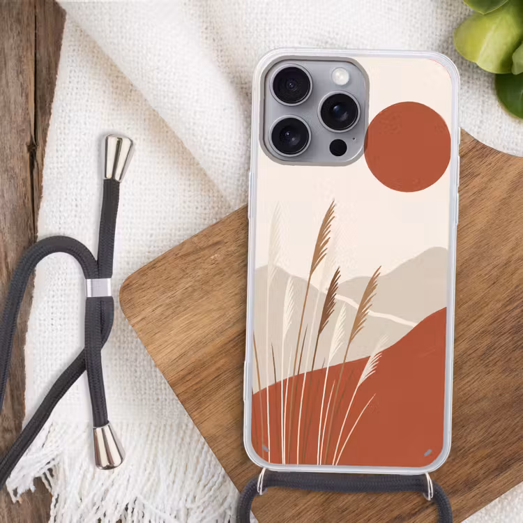 Gras - Landschap - Natuur - Abstract - Beige Hoesje iPhone 16 Pro Max met koord klein -sfeer4