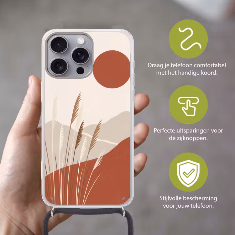 Gras - Landschap - Natuur - Abstract - Beige Hoesje iPhone 16 Pro Max met koord klein -sfeer2_NL