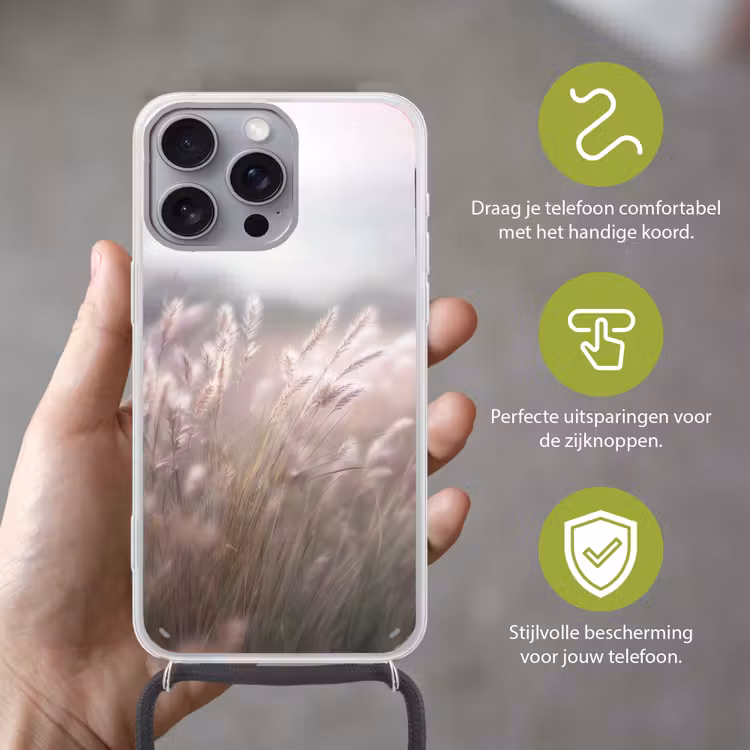 Graspluimen - Wind - Beige - Mistig Hoesje iPhone 16 Pro Max met koord klein -sfeer2_NL
