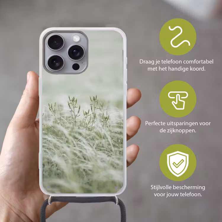 Grassen - Minimalistisch - Groen Hoesje iPhone 16 Pro Max met koord klein -sfeer2_NL
