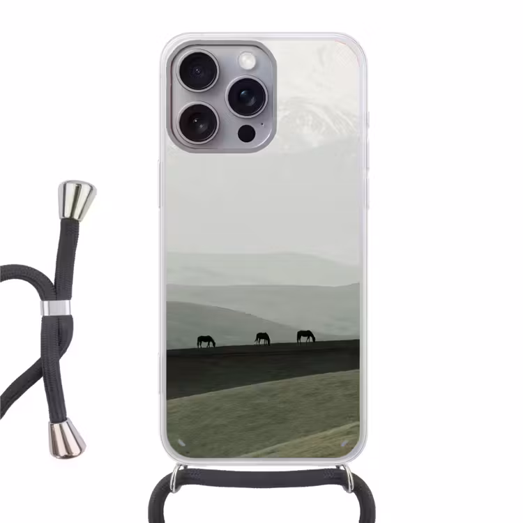 Grijs - Berg - Paarden Hoesje iPhone 16 Pro Max met koord klein -3d