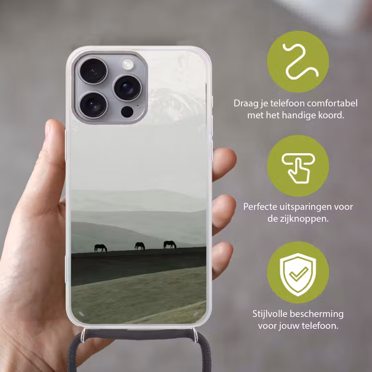 Grijs - Berg - Paarden Hoesje iPhone 16 Pro Max met koord klein -sfeer2_NL