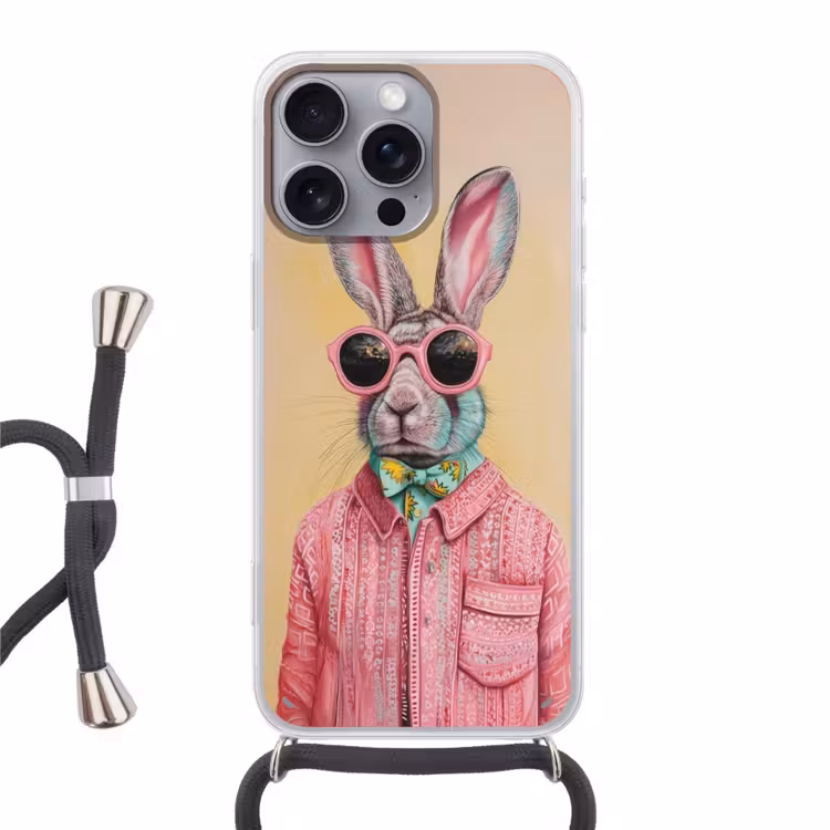 Grijs - Konijn - Blouse - Strik Hoesje iPhone 16 Pro Max met koord klein -3d