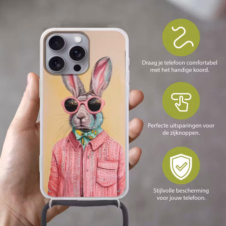 Grijs - Konijn - Blouse - Strik Hoesje iPhone 16 Pro Max met koord klein -sfeer2_NL