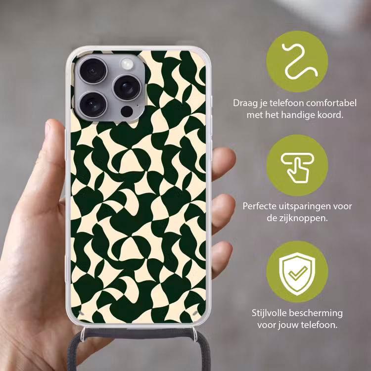 Groen - Organische vlakken - Crème Hoesje iPhone 16 Pro Max met koord klein 804 -sfeer2_NL