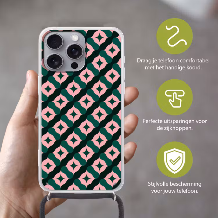 Groen - Roze - Retro - Sterren Hoesje iPhone 16 Pro Max met koord klein 804 -sfeer2_NL