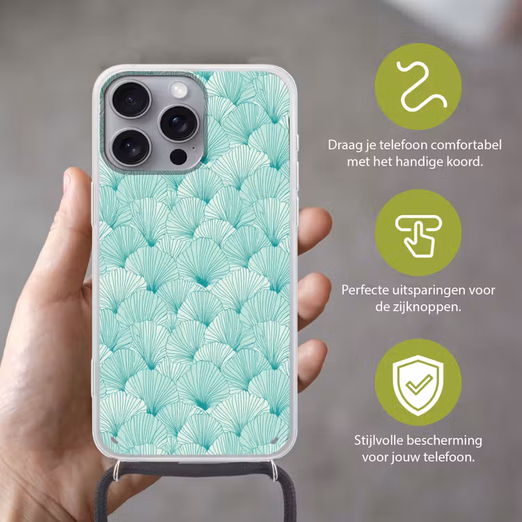 Groen - Wit - Ginko - Getekend - Textuur Hoesje iPhone 16 Pro Max met koord klein 804 -sfeer2_NL