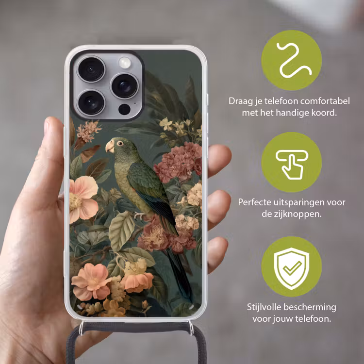 Groene papegaai - Kleurrijke bloemen - Donkere achtergrond Hoesje iPhone 16 Pro Max met koord klein -sfeer2_NL