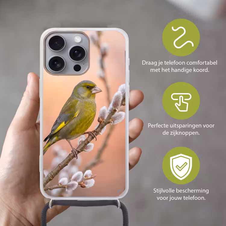Groenling - Katjes - Lente - Natuur - Zacht Hoesje iPhone 16 Pro Max met koord klein -sfeer2_NL