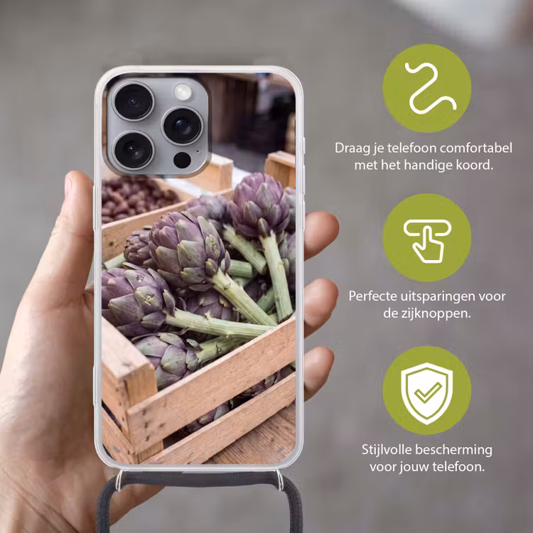 Telefoonhoesje met koord - Groenten - Markt - Vers - Groenten - Markt - Vers Hoesje iPhone 16 Pro Max met koord klein