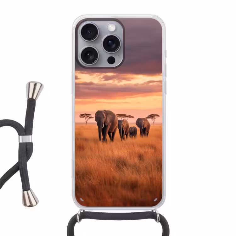 Groep olifanten - Open vlakte - Zon Hoesje iPhone 16 Pro Max met koord klein -3d
