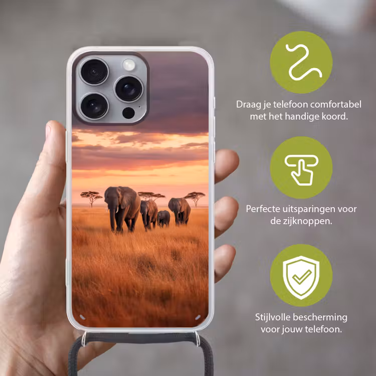 Groep olifanten - Open vlakte - Zon Hoesje iPhone 16 Pro Max met koord klein -sfeer2_NL
