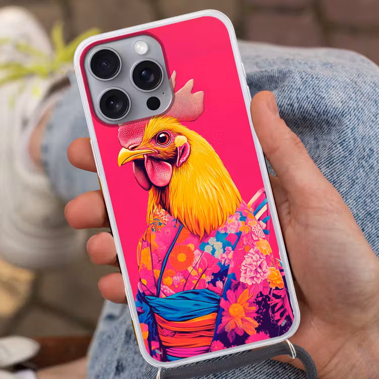 Haan - Kleurrijk - Kimono - Roze Hoesje iPhone 16 Pro Max met koord klein -sfeer3