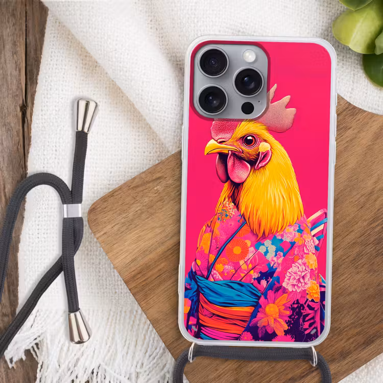 Haan - Kleurrijk - Kimono - Roze Hoesje iPhone 16 Pro Max met koord klein -sfeer4