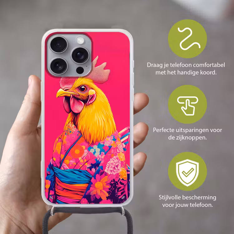 Haan - Kleurrijk - Kimono - Roze Hoesje iPhone 16 Pro Max met koord klein -sfeer2_NL