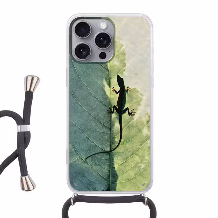 Hagedis - Blad - Nerven - Groen Hoesje iPhone 16 Pro Max met koord klein -3d