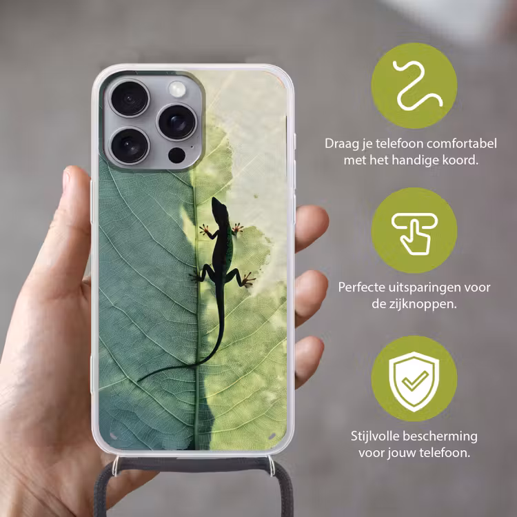 Hagedis - Blad - Nerven - Groen Hoesje iPhone 16 Pro Max met koord klein -sfeer2_NL