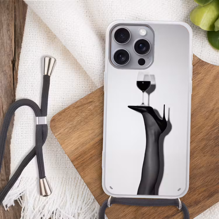 Hak - Wijn - Minimalistisch - Zwart Hoesje iPhone 16 Pro Max met koord klein -sfeer4