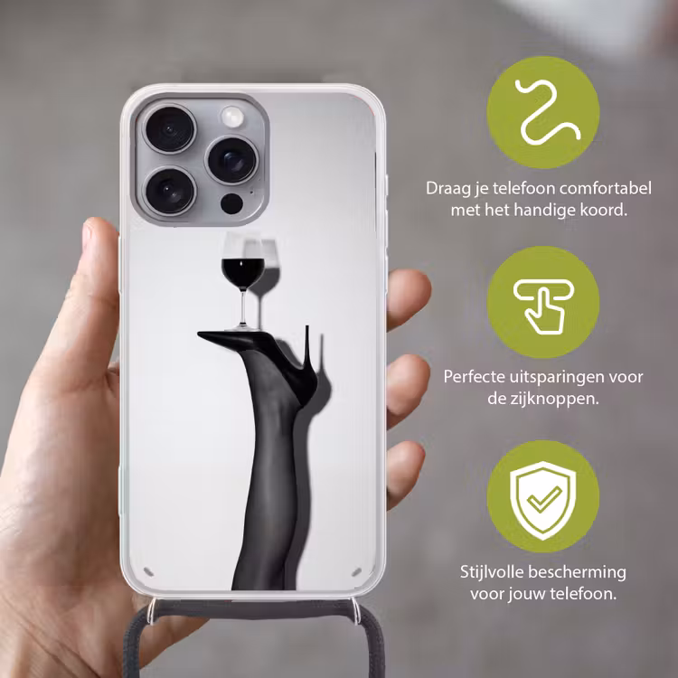 Hak - Wijn - Minimalistisch - Zwart Hoesje iPhone 16 Pro Max met koord klein -sfeer2_NL