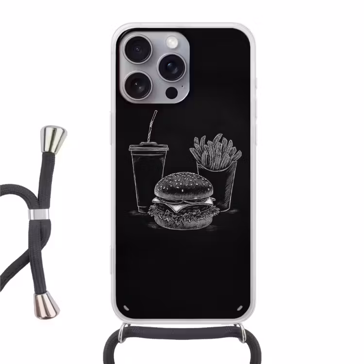 Hamburger - Friet - Frisdrank - Krijttekening Hoesje iPhone 16 Pro Max met koord klein -3d