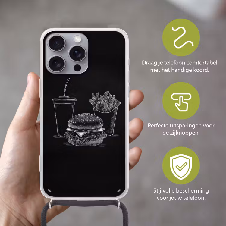 Hamburger - Friet - Frisdrank - Krijttekening Hoesje iPhone 16 Pro Max met koord klein -sfeer2_NL