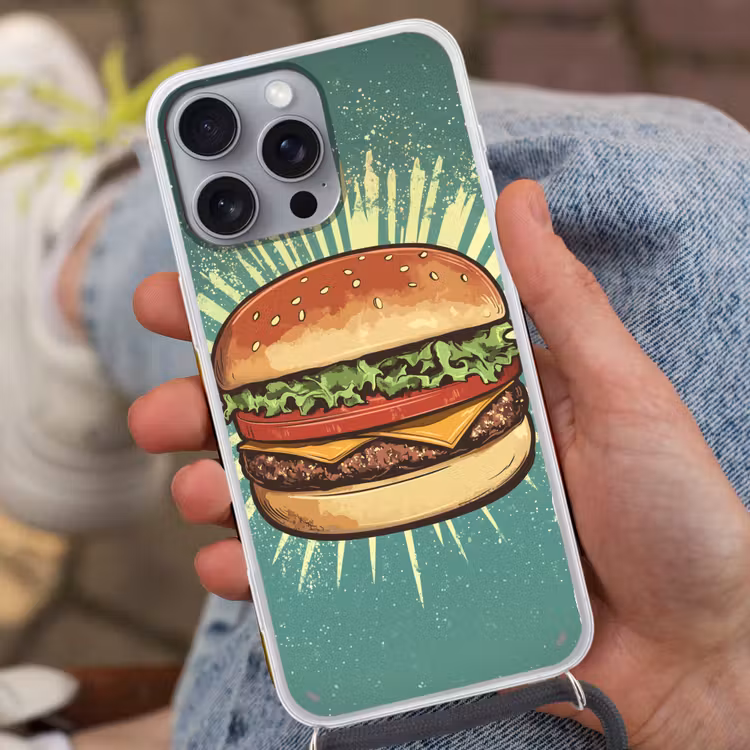 Hamburger - Illustratie - Sla - Kaas Hoesje iPhone 16 Pro Max met koord klein -sfeer3