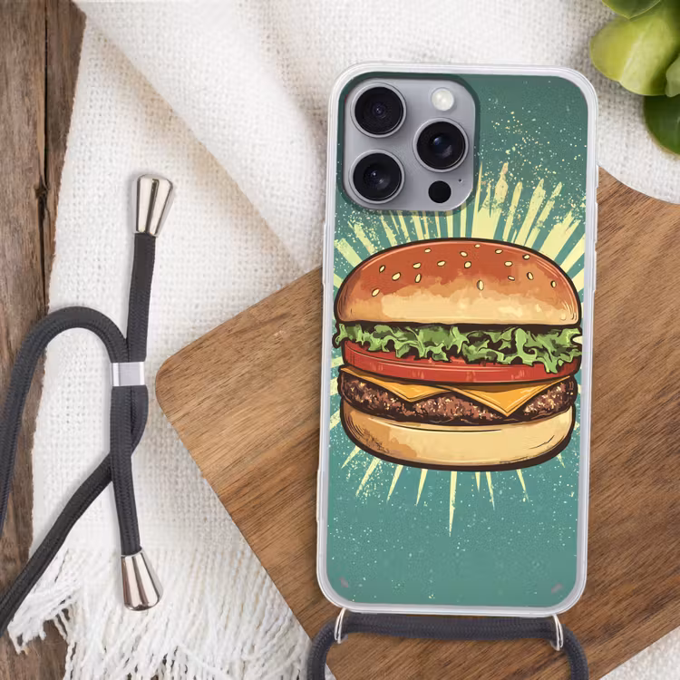 Hamburger - Illustratie - Sla - Kaas Hoesje iPhone 16 Pro Max met koord klein -sfeer4